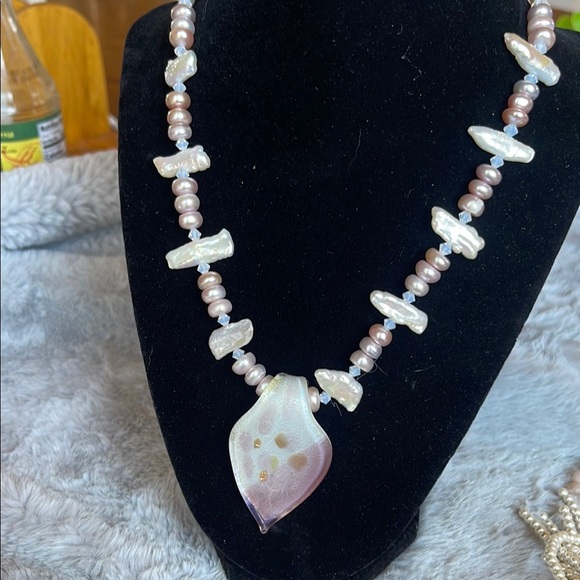 Pink and Cream Necklace with Iridescent Pendant - Picture 4 of 4